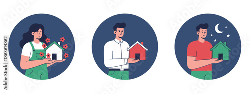 Three diverse individuals are depicted holding miniature houses representing concepts of home ownership property and security through different illustrative styles person