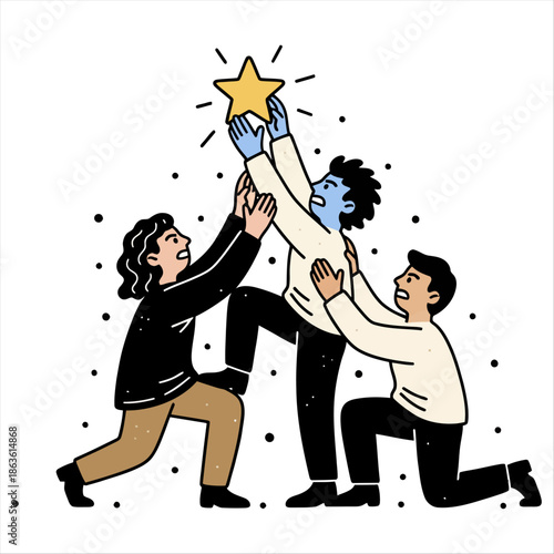 Three diverse stylized figures collaborate reaching upwards to help one person hold a shining golden star symbolizing teamwork and shared achievement success collaboration