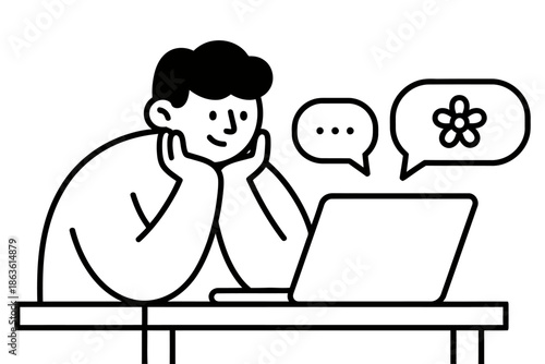 A person with their chin resting on their hands looks at a laptop screen with speech bubbles above indicating communication 171 online messaging chatting conversation technology
