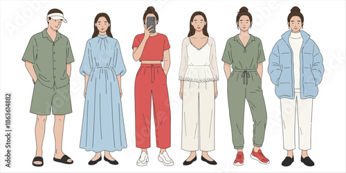 Group of six diverse individuals showcasing various fashionable outfits including casual wear dresses and outerwear depicted in a clean illustrative style clothing illustration