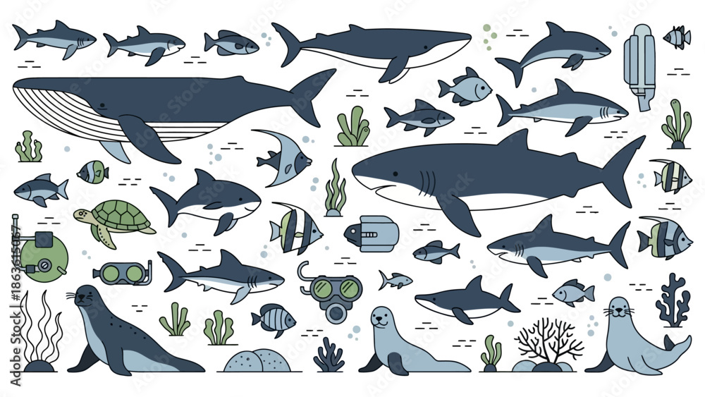 Obraz premium A vibrant collection of marine life and underwater exploration elements, featuring whales, sharks, seals, turtles, fish, coral, and diving equipment.