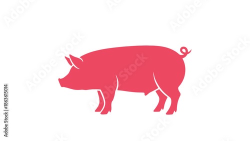 A stylized pink pig silhouette with a curly tail and a white background.