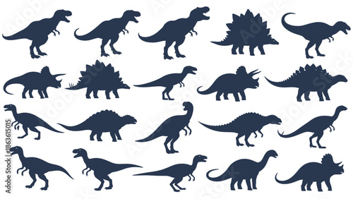 A collection of dark blue dinosaur silhouettes arranged in rows against a white background, showcasing various species.