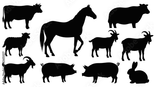 A collection of black silhouettes of farm animals including a cow, horse, sheep, goats, pigs, and a rabbit.