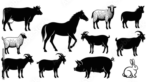 A collection of farm animals including cows, horses, sheep, goats, pigs, and rabbits, depicted in silhouette and detailed illustrations.
