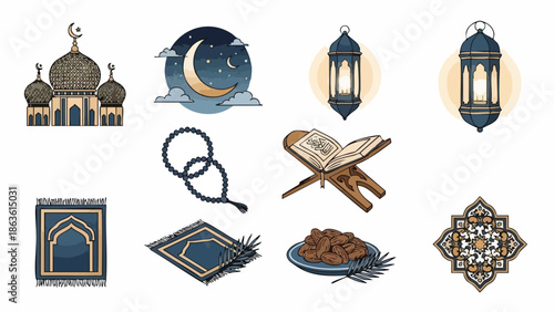 Flat lay illustration of various Ramadan symbols and objects on a white background including mosque lanterns prayer mat dates and Quran.