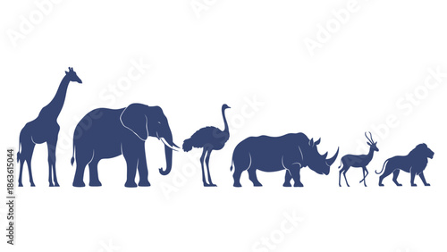 Silhouettes of various African animals including a giraffe, elephant, ostrich, rhinoceros, antelope, and lion, arranged from largest to smallest.