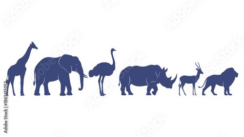 A lineup of African safari animals including a giraffe, elephant, ostrich, rhinoceros, antelope, and lion, depicted in silhouette against a white background.