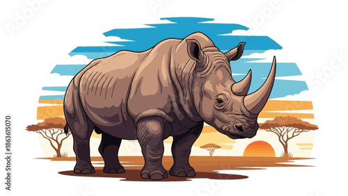 A majestic rhinoceros stands proudly in its natural savanna habitat with acacia trees and a sunset in the background.