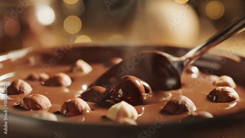 Wallpaper Mural Close up of spoon pouring melted chocolate over hazelnuts Torontodigital.ca