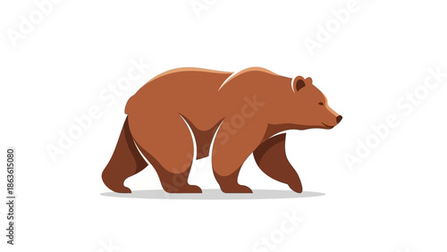A stylized illustration of a brown bear walking from left to right against a white background.