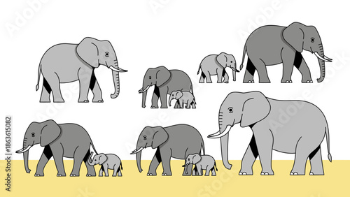 A collection of illustrations depicting elephants of various sizes, including adult elephants and their young, set against a plain background.