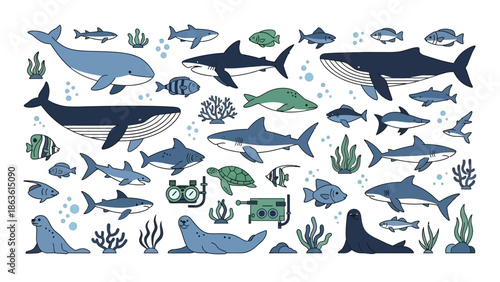 A vibrant collection of marine life and underwater exploration equipment, featuring whales, sharks, seals, turtles, and fish amidst coral and bubbles.