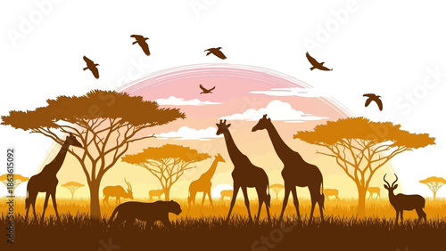Silhouette of a vibrant African savanna landscape at sunset, featuring giraffes, antelopes, a lion, acacia trees, and birds in flight.