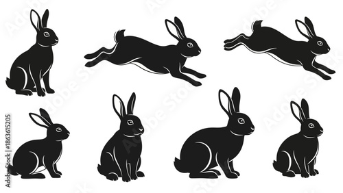 Collection of black rabbit silhouettes in various poses, including sitting, running, and jumping.