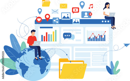 Digital marketing and analytics, online data management, and global connectivity represented by a digital concept illustration