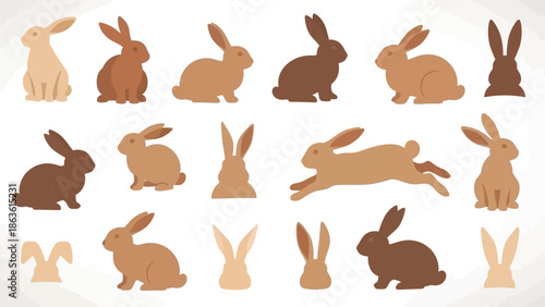 A collection of various cartoon-style rabbits in different poses and shades of brown and beige.