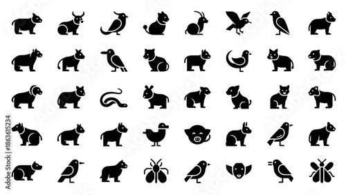 Collection of Black Silhouette Icons Representing Various Animals and Insects.