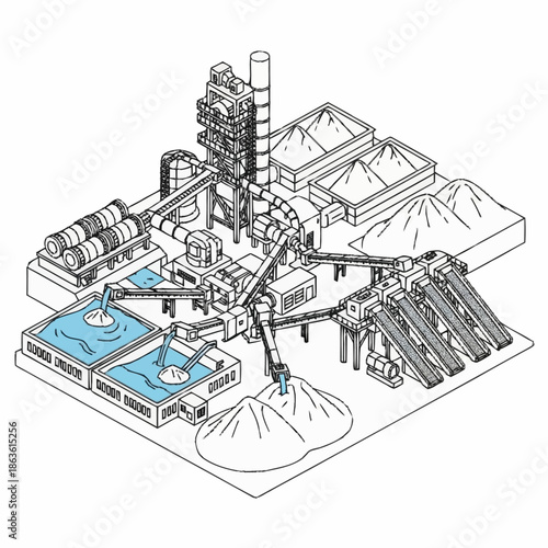 Detailed isometric illustration of a large industrial plant with various processing units.