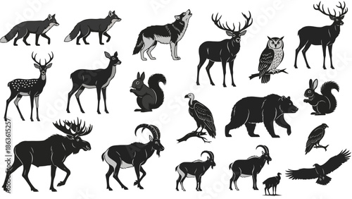 A comprehensive collection of diverse wild animals, including mammals like deer, wolves, bears, and foxes, alongside birds of prey and owls, rendered in a striking black silhouette style.