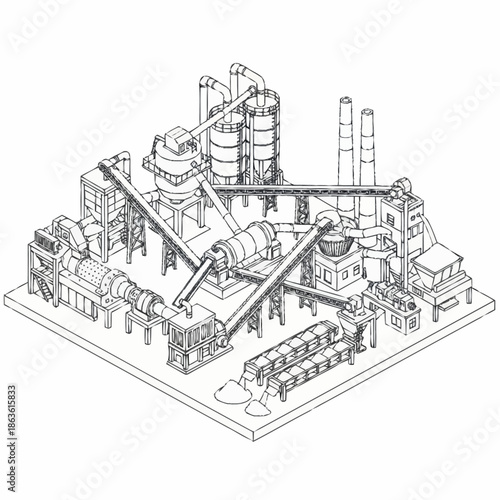 Detailed isometric line drawing of a large industrial cement production plant.