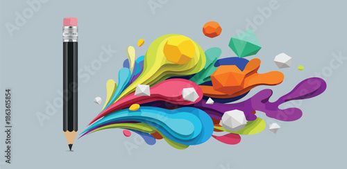 Abstract colorful explosion of creativity emanating from a pencil, symbolizing inspiration and artistic expression