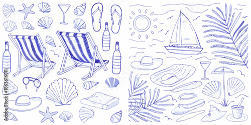 Blue line art illustration of summer vacation elements beach sun and relaxation