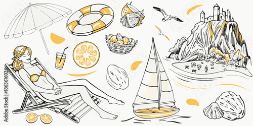 A whimsical summer scene with beach elements a woman and a coastal landscape