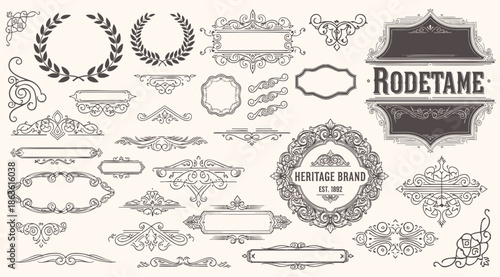Ornate vintage design elements with calligraphy swirls, swashes, ornate motifs and scrolls. Frames and banners.