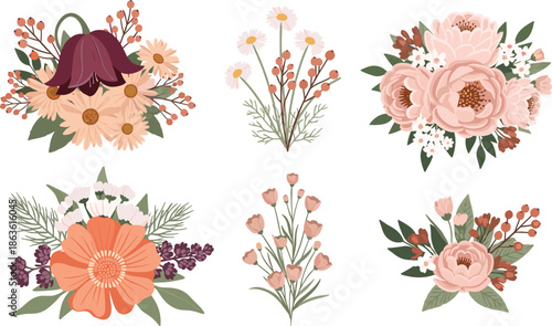 Diverse floral bouquets with various blooming flowers, lush foliage, and colorful berries for spring and summer decorative projects