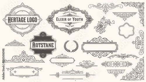 Ornate vintage design elements with calligraphy swirls, swashes, ornate motifs and scrolls. Frames and banners.