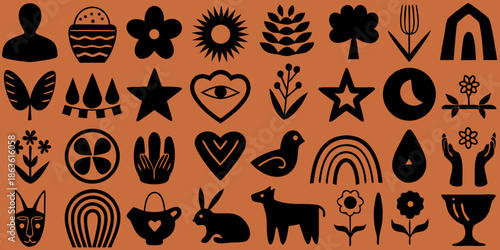 Collection of diverse minimalist black glyphs and symbols on a terracotta background