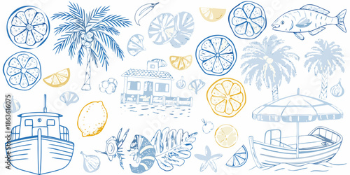 A charming sketch of tropical elements including fruits sea life and coastal scenes