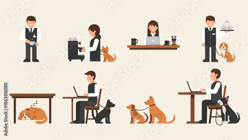 People working with pets in office and home environments.