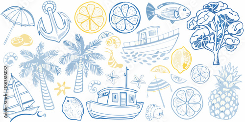A charming collection of seaside sketches boats citrus and tropical elements
