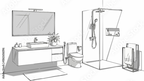 Modern Bathroom Sketch with Vanity Shower and Toilet.
