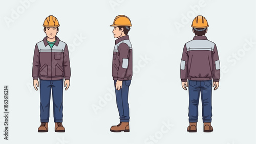 Construction worker in uniform from front side and back views.