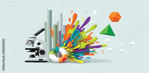 Dynamic visualization showcasing scientific discovery, data analysis, and creative innovation, symbolizing growth, progress, and the exciting blend of research and art