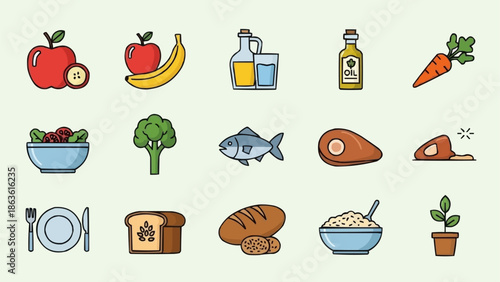Healthy Food Icons Collection Representing Nutrition and Diet.
