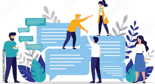 Illustration of people collaborating and communicating through speech bubbles in a modern, stylized setting with plants