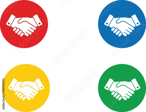 Four colored circles with white handshake inside each blue yellow