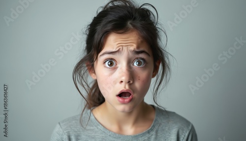 Young girl shows shock and surprise with wide eyes and open mouth. Her forehead is creased with anxiety and disbelief on a plain grey background. She expresses strong emotion.