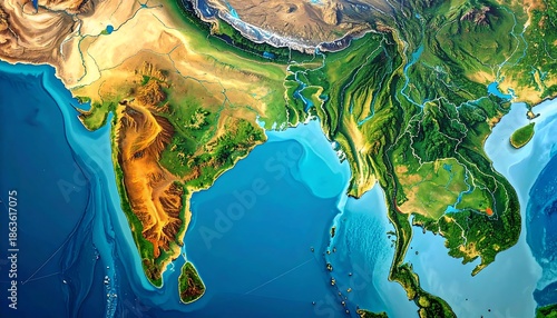 Vivid colorful depiction of the Indian subcontinent and Southeast Asia