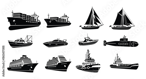 Variety of black silhouette boats and ships sailing on wavy water