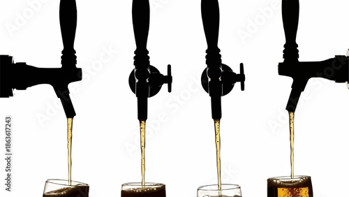 Four beer taps pouring drinks into glasses on white background.