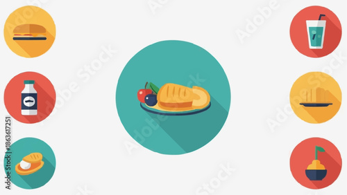 Flat design icons of food and drinks for healthy breakfast meal.