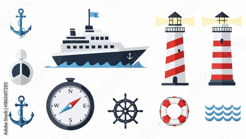 Nautical theme elements including ship anchor compass and lighthouse.