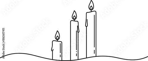 Three lit candles of varying heights on a wavy surface flame three candles