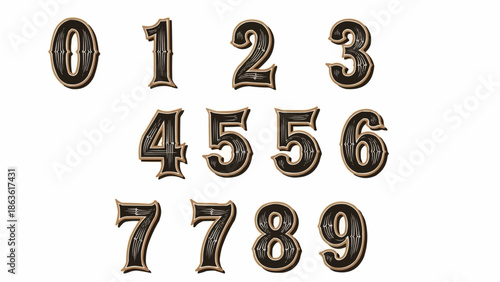 Collection of Metallic Numbers Zero to Nine Isolated on White Background.