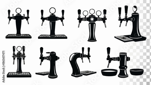 Collection of black silhouette beer taps and dispensers.